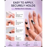 Nude Black French Tip Press‑On Nails, Long Almond Nails with Polka Dots, Rhinestones & Pearls, Luxury False Nails